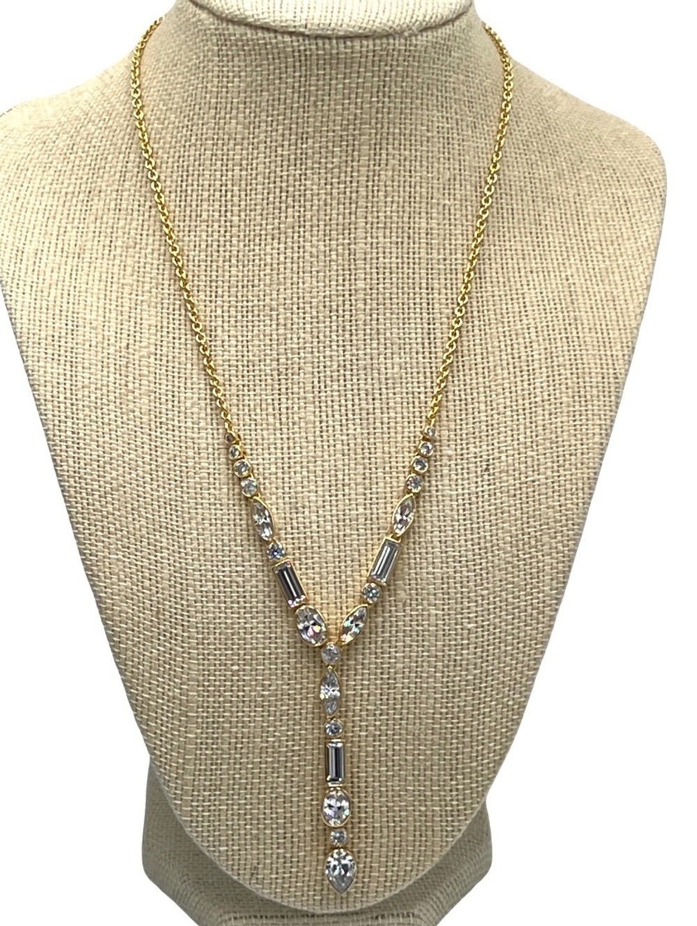 Vintage Nolan Miller Y-Necklace Goldtone Rhinestones 17-19"